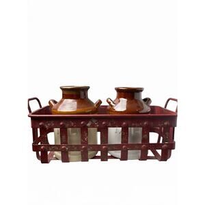 Vintage Farmhouse Stoneware Creamer Set 2 Mini Milk Jugs & Red Metal Caddy